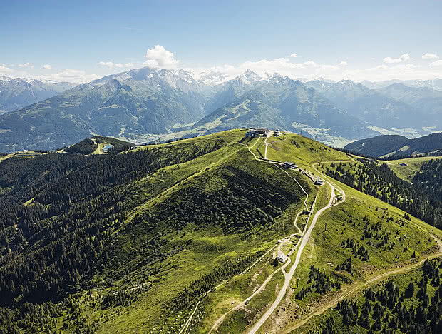 Luftaufnahme eines grünen Berggipfels in den Alpen mit Wanderwegen und kleinen Hütten. Weite Täler und majestätische Berge im Hintergrund.